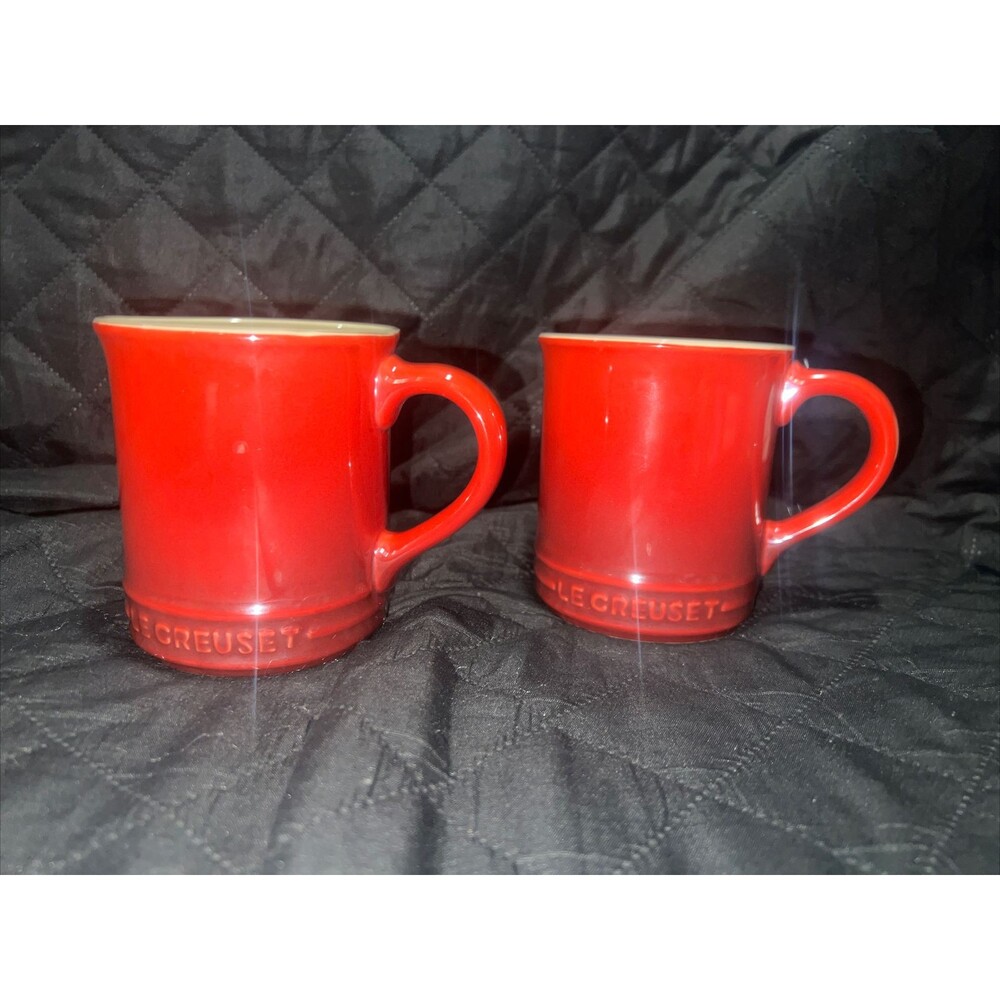 2 Le Creuset Stoneware Mug 14 Oz Red Cerise Red Umbree Tan Inside Heavy France